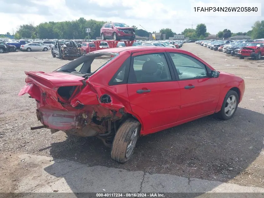 2006 Ford Focus Se/Zx4 VIN: 1FAHP34N26W205840 Lot: 40117234