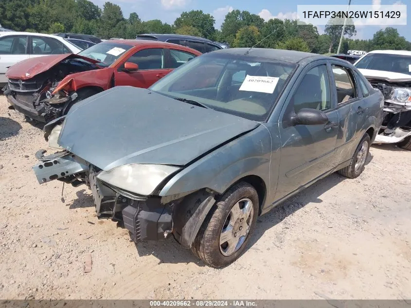 2006 Ford Focus Se/Zx4 VIN: 1FAFP34N26W151429 Lot: 40209662