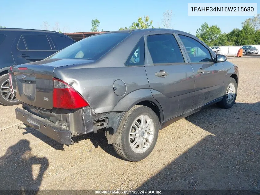 2006 Ford Focus Se/Zx4 VIN: 1FAHP34N16W215680 Lot: 40316546