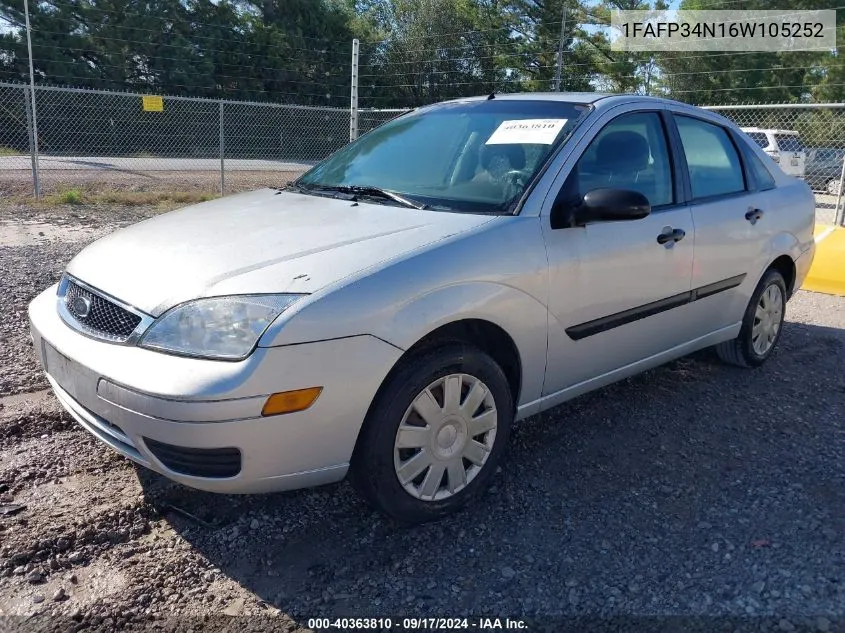 2006 Ford Focus Zx4 VIN: 1FAFP34N16W105252 Lot: 40363810