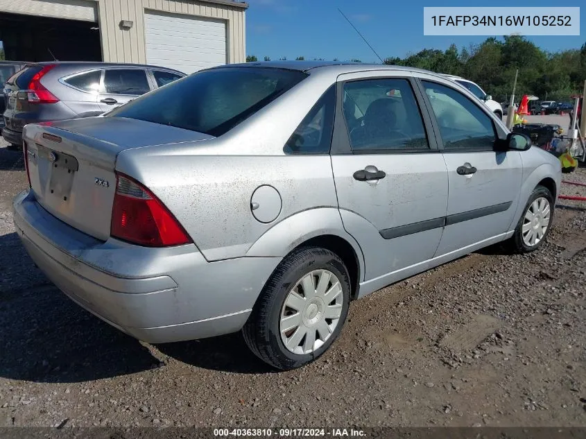 2006 Ford Focus Zx4 VIN: 1FAFP34N16W105252 Lot: 40363810