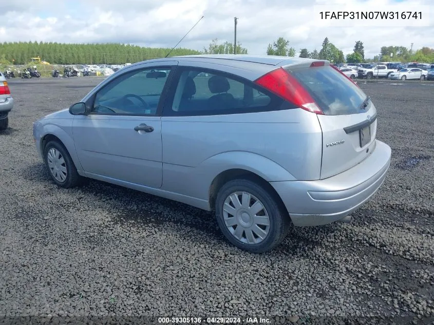 2007 Ford Focus S/Se/Ses VIN: 1FAFP31N07W316741 Lot: 39305136