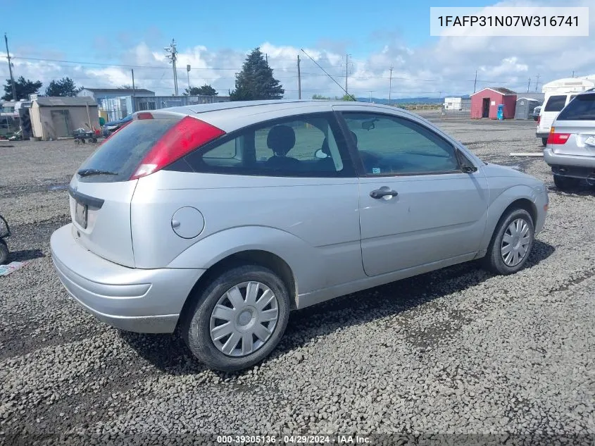 2007 Ford Focus S/Se/Ses VIN: 1FAFP31N07W316741 Lot: 39305136