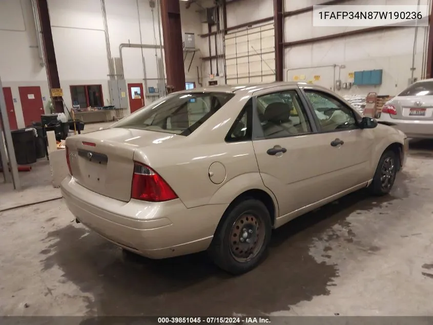 2007 Ford Focus S/Se/Ses VIN: 1FAFP34N87W190236 Lot: 39851045