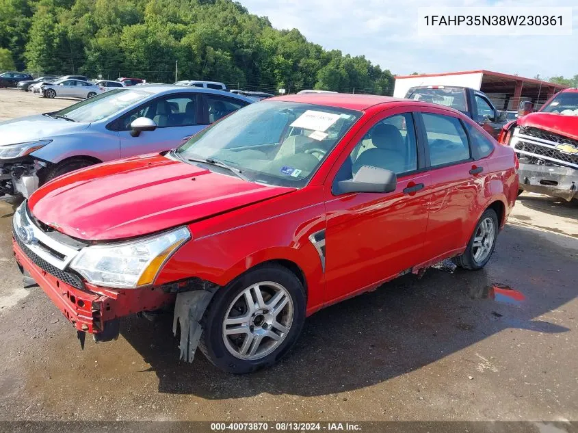 2008 Ford Focus Se VIN: 1FAHP35N38W230361 Lot: 40073870