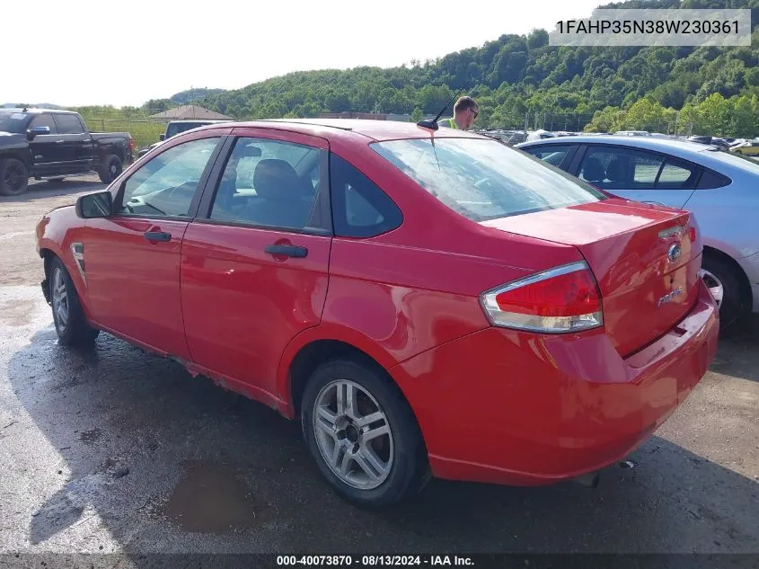 2008 Ford Focus Se VIN: 1FAHP35N38W230361 Lot: 40073870