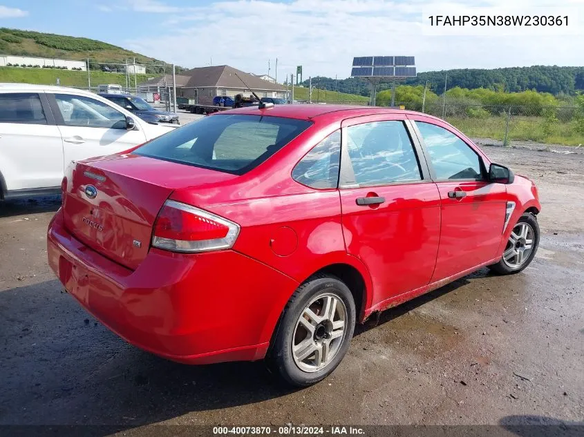 2008 Ford Focus Se VIN: 1FAHP35N38W230361 Lot: 40073870