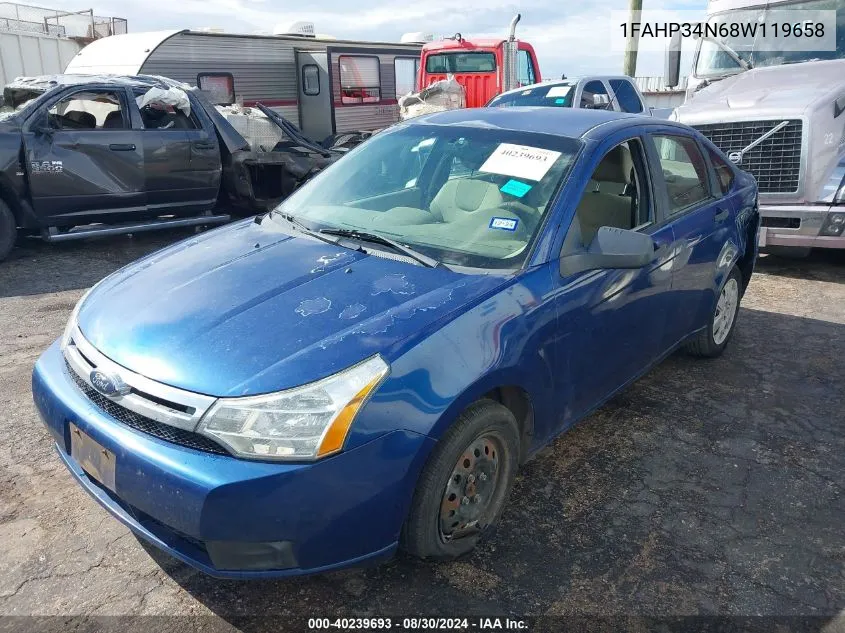 2008 Ford Focus S VIN: 1FAHP34N68W119658 Lot: 40239693