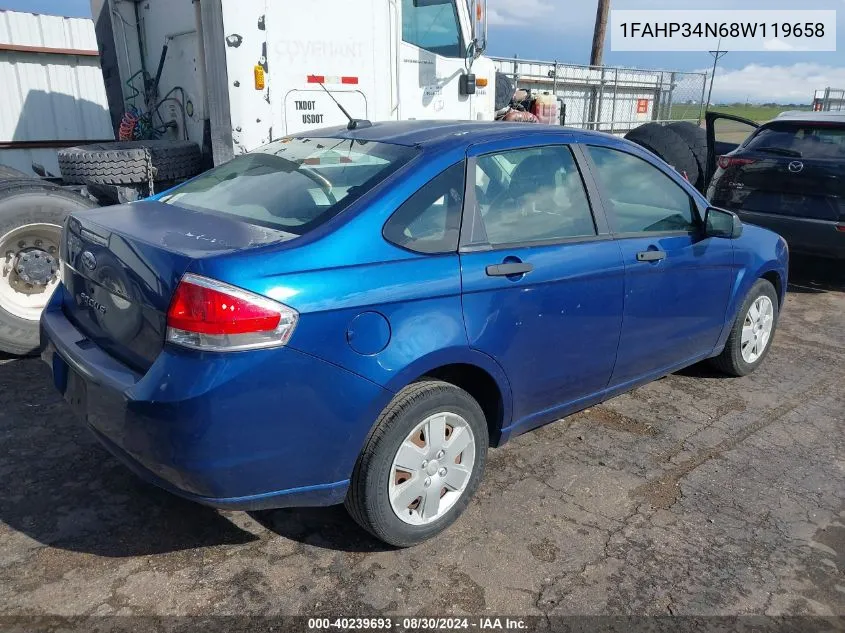 2008 Ford Focus S VIN: 1FAHP34N68W119658 Lot: 40239693