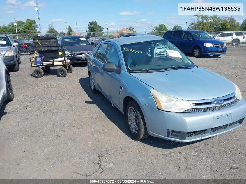 2008 Ford Focus Se/Ses VIN: 1FAHP35N48W136635 Lot: 40284372