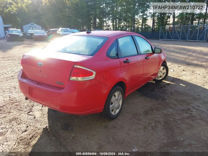 2008 Ford Focus S VIN: 1FAHP34N68W210722 Lot: 40556454