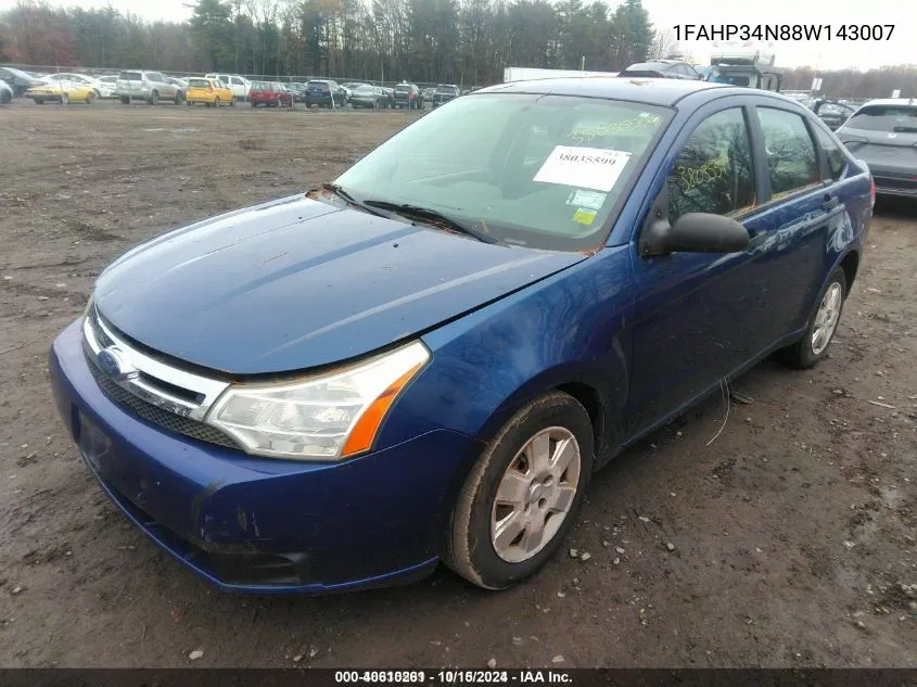 2008 Ford Focus S VIN: 1FAHP34N88W143007 Lot: 40610261