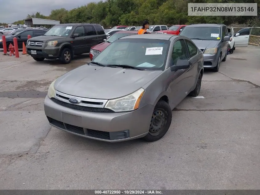 2008 Ford Focus S VIN: 1FAHP32N08W135146 Lot: 40722950