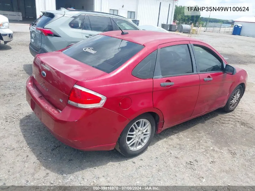 2009 Ford Focus Se VIN: 1FAHP35N49W100624 Lot: 39816970