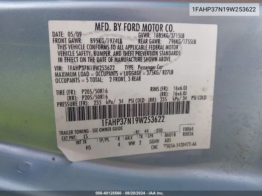 1FAHP37N19W253622 2009 Ford Focus Sel