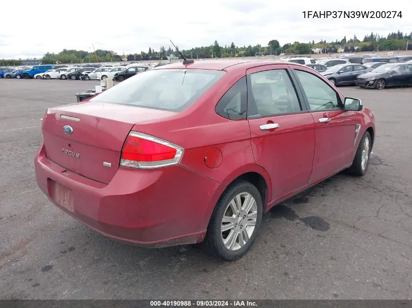 2009 Ford Focus Sel VIN: 1FAHP37N39W200274 Lot: 40190988