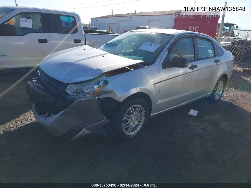 2010 Ford Focus Se VIN: 1FAHP3FN4AW136848 Lot: 40852276