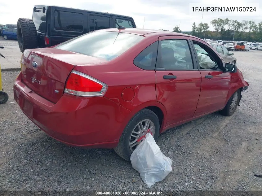 2010 Ford Focus Se VIN: 1FAHP3FN1AW150724 Lot: 40051928