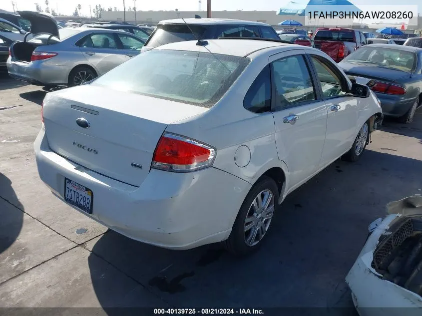 2010 Ford Focus Sel VIN: 1FAHP3HN6AW208260 Lot: 40139725