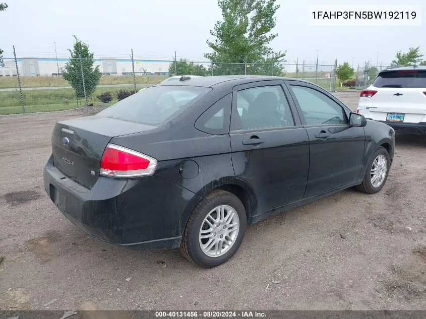 2011 Ford Focus Se VIN: 1FAHP3FN5BW192119 Lot: 40131456