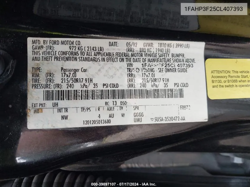 1FAHP3F25CL407393 2012 Ford Focus Se