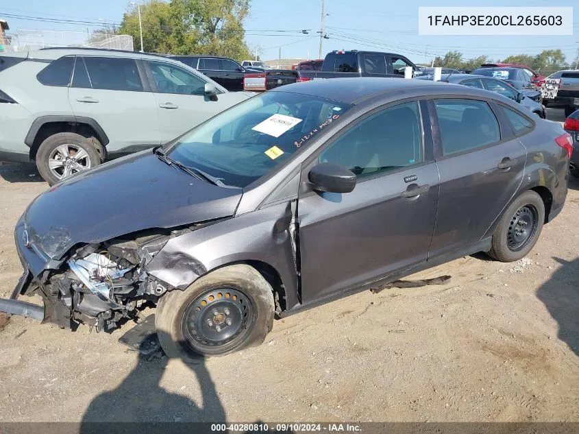 2012 Ford Focus S VIN: 1FAHP3E20CL265603 Lot: 40280810