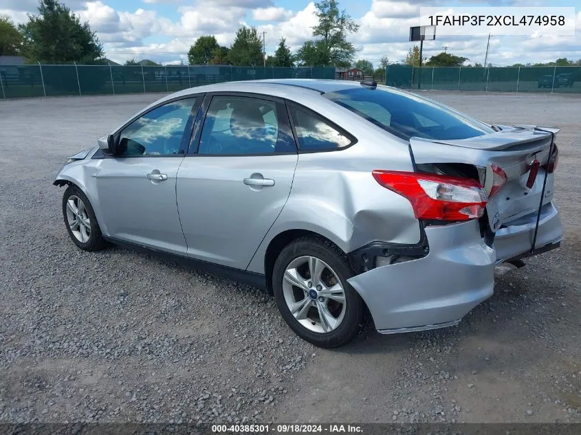 2012 Ford Focus Se VIN: 1FAHP3F2XCL474958 Lot: 40385301