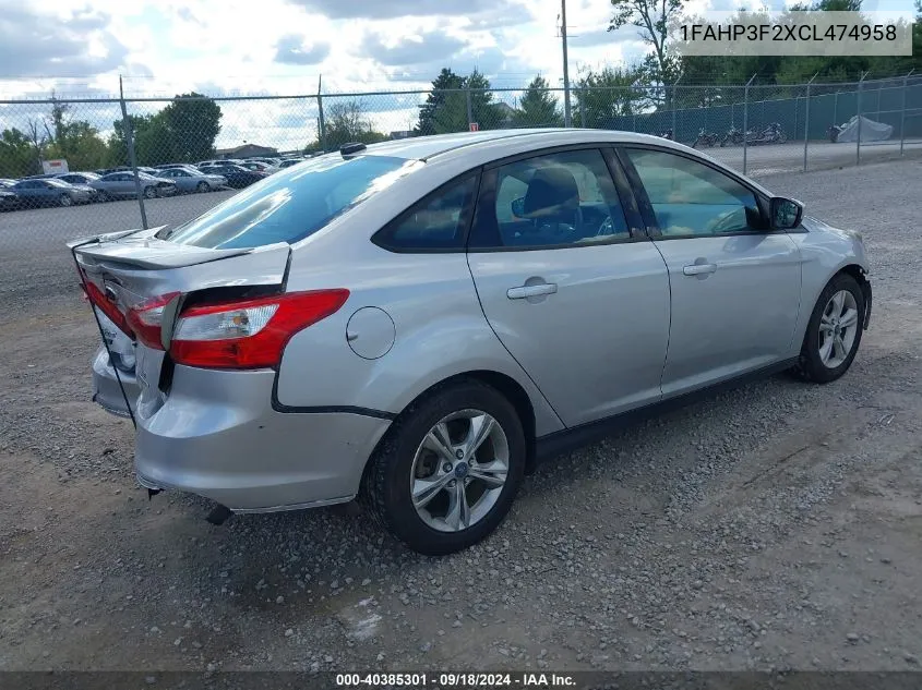 2012 Ford Focus Se VIN: 1FAHP3F2XCL474958 Lot: 40385301