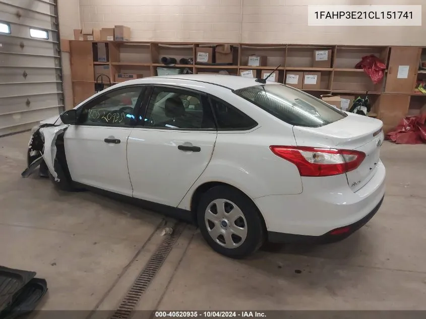 2012 Ford Focus S VIN: 1FAHP3E21CL151741 Lot: 40520935