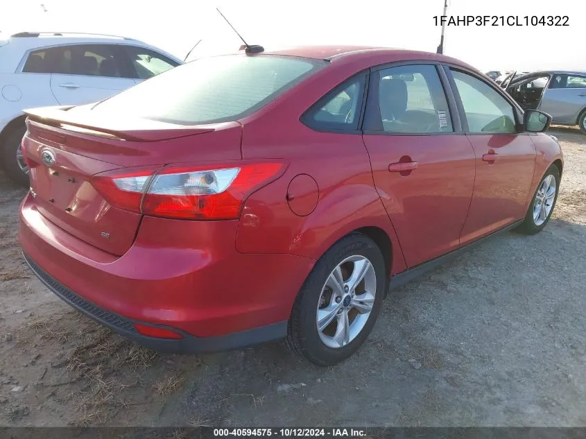 2012 Ford Focus Se VIN: 1FAHP3F21CL104322 Lot: 40594575