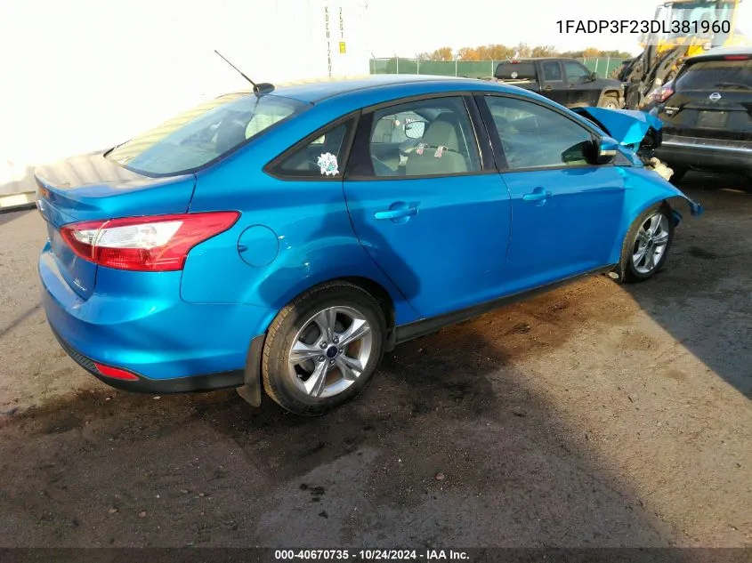 2013 Ford Focus Se VIN: 1FADP3F23DL381960 Lot: 40670735