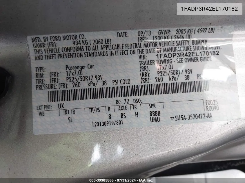 1FADP3R42EL170182 2014 Ford Focus Electric