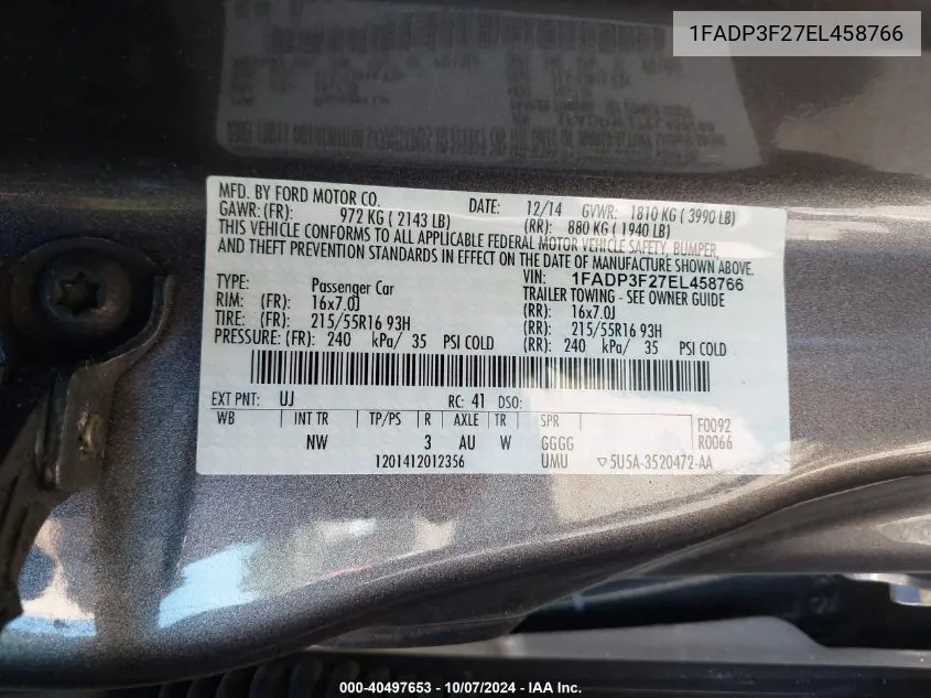 1FADP3F27EL458766 2014 Ford Focus Se