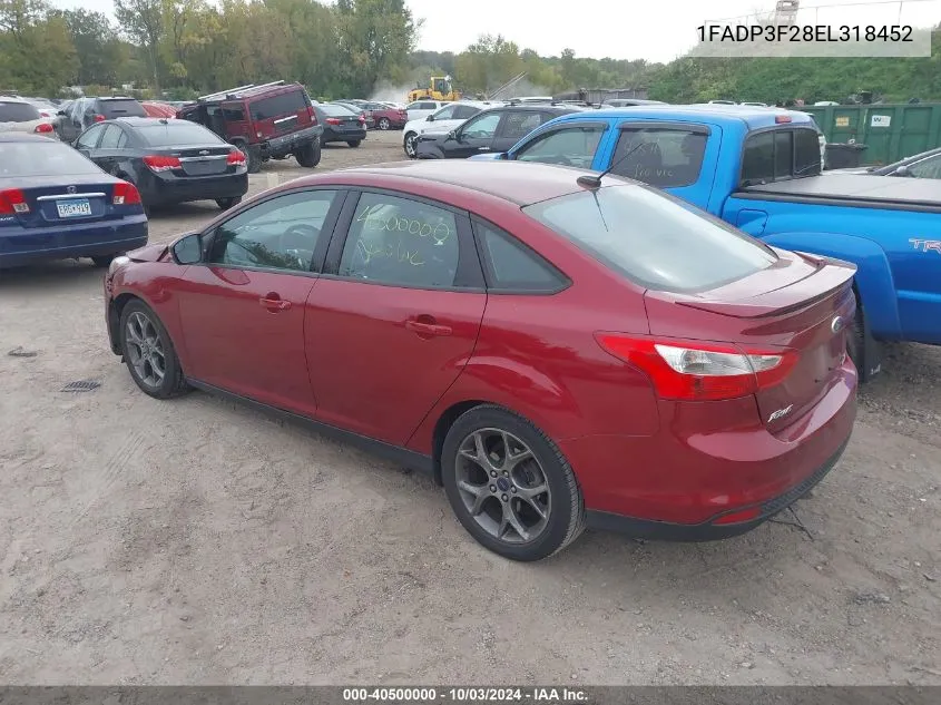 2014 Ford Focus Se VIN: 1FADP3F28EL318452 Lot: 40500000