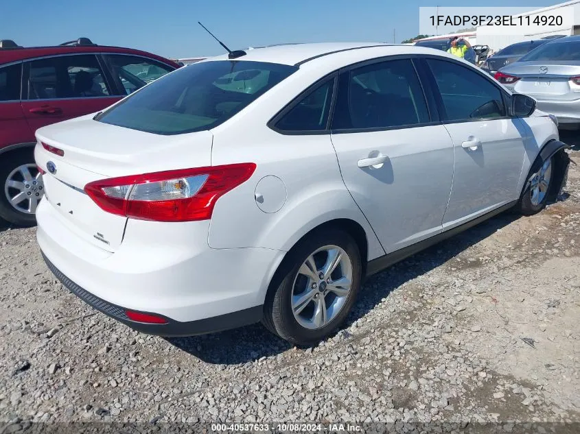 2014 Ford Focus Se VIN: 1FADP3F23EL114920 Lot: 40537633