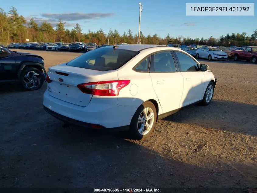 2014 Ford Focus Se VIN: 1FADP3F29EL401792 Lot: 40796695