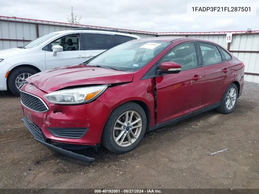 2015 Ford Focus Se VIN: 1FADP3F21FL287501 Lot: 40192001