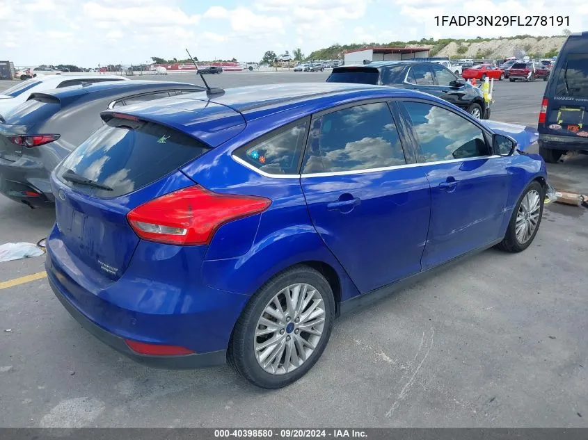 2015 Ford Focus Titanium VIN: 1FADP3N29FL278191 Lot: 40398580