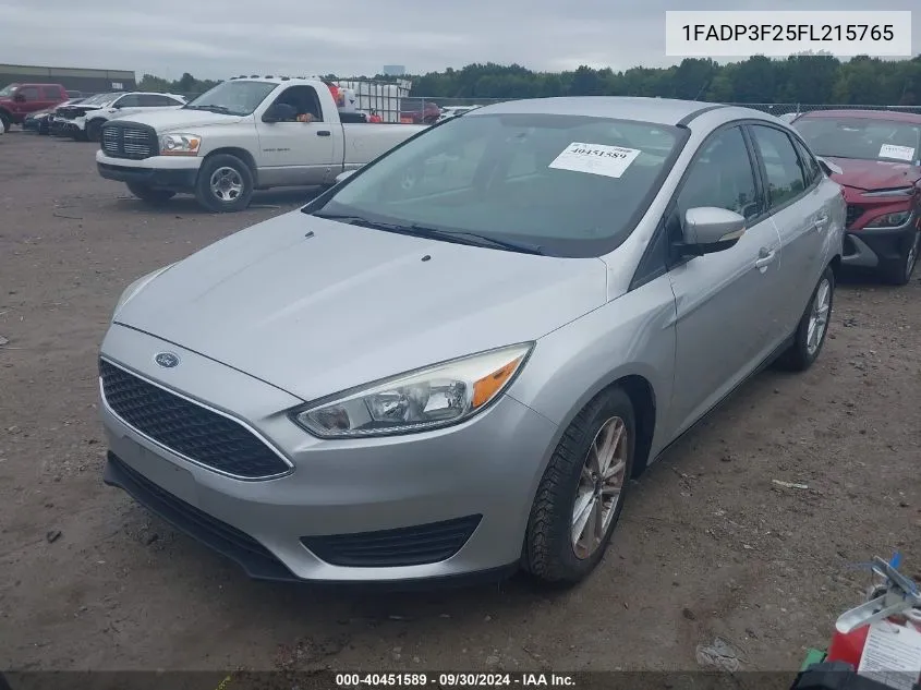 2015 Ford Focus Se VIN: 1FADP3F25FL215765 Lot: 40451589