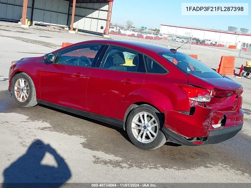 2015 Ford Focus Se VIN: 1FADP3F21FL287398 Lot: 40734864