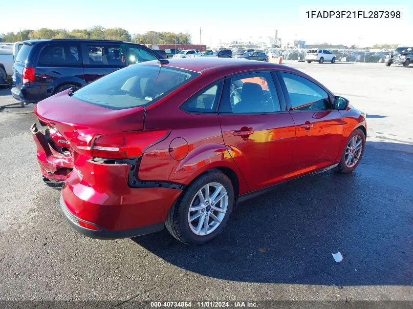 2015 Ford Focus Se VIN: 1FADP3F21FL287398 Lot: 40734864