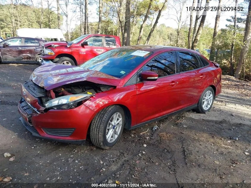 2015 Ford Focus Se VIN: 1FADP3F29FL209452 Lot: 40831589