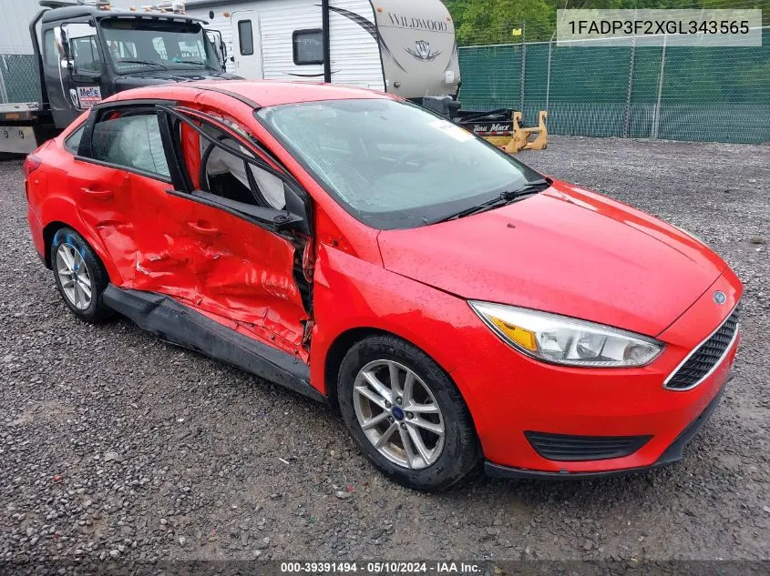 2016 Ford Focus Se VIN: 1FADP3F2XGL343565 Lot: 39391494