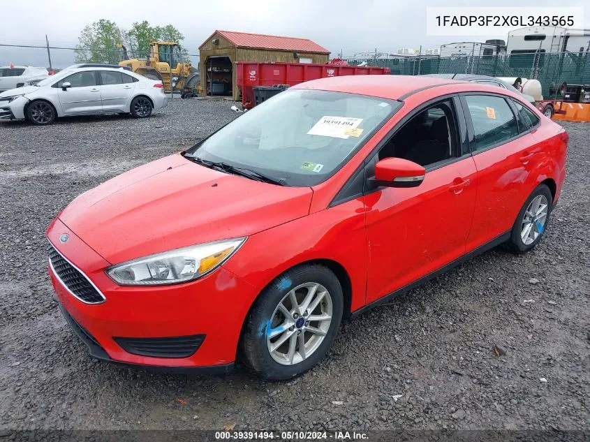 2016 Ford Focus Se VIN: 1FADP3F2XGL343565 Lot: 39391494