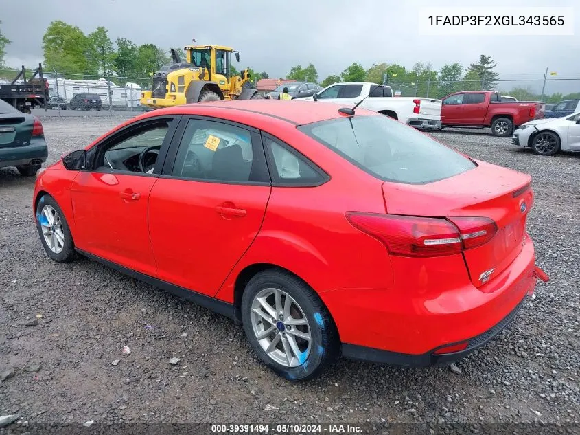 2016 Ford Focus Se VIN: 1FADP3F2XGL343565 Lot: 39391494