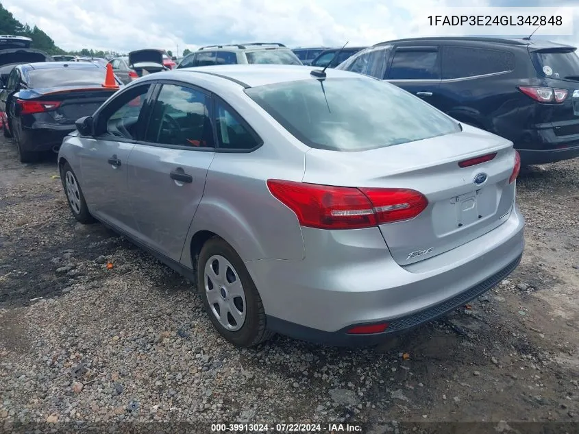 2016 Ford Focus S VIN: 1FADP3E24GL342848 Lot: 39913024