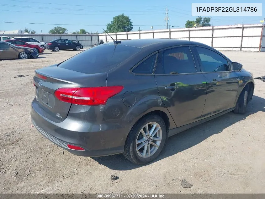 2016 Ford Focus Se VIN: 1FADP3F22GL314786 Lot: 39967771