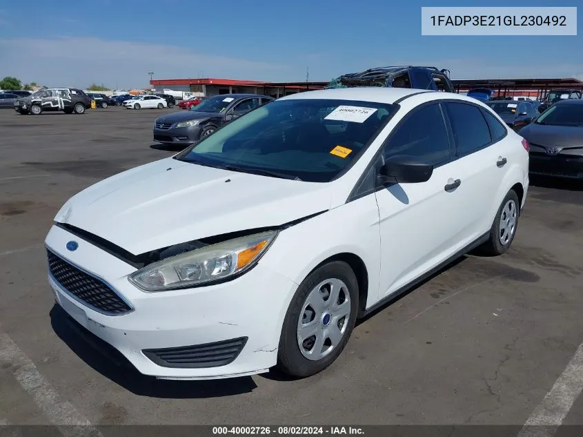 2016 Ford Focus S VIN: 1FADP3E21GL230492 Lot: 40002726