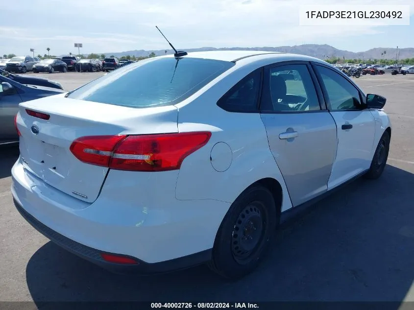 2016 Ford Focus S VIN: 1FADP3E21GL230492 Lot: 40002726