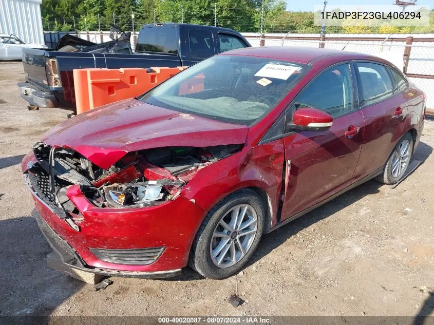 2016 Ford Focus Se VIN: 1FADP3F23GL406294 Lot: 40020087